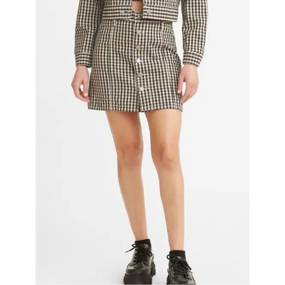 Levi's Gingham Mini Skirt Womens 29 Black White Button Front A Line NWT